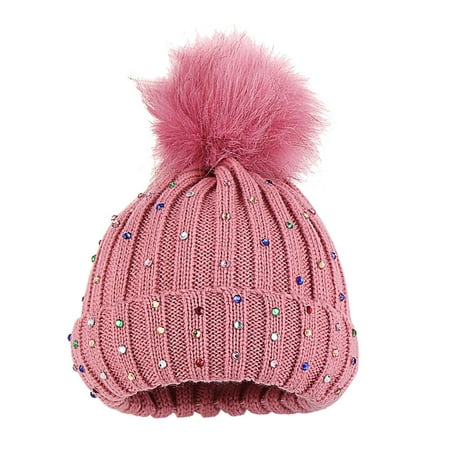 

Relanfenk Baby Hats Children Knitting Wool Hemming Keep Warm Winter Hiarball Rhinestone Cap Hat