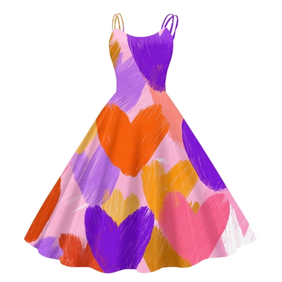 Valentines Day Sleeveless A-line Dress with Heart Print Casual Off-Shoulder Sleeveless Dress Orange M