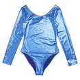 thumbnail image 4 of Sinleey Women's Metallic Liquid Leotard Bodysuit Long Sleeves Gymnastics Dance Costume Light Blue L, 4 of 7
