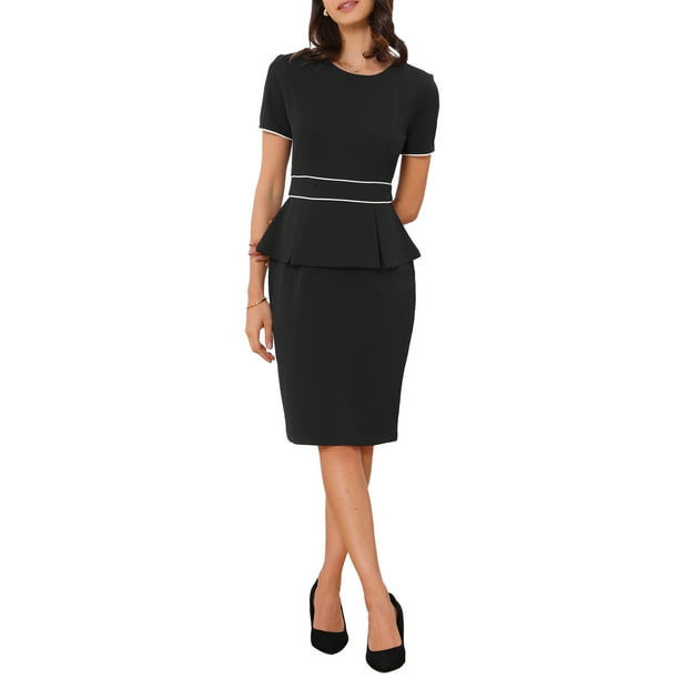 INSPIRE CHIC Vestido de cuerpo ajustado con peplum y contraste de cuello redondo para mujer, manga corta, negro, ideal para el trabajo