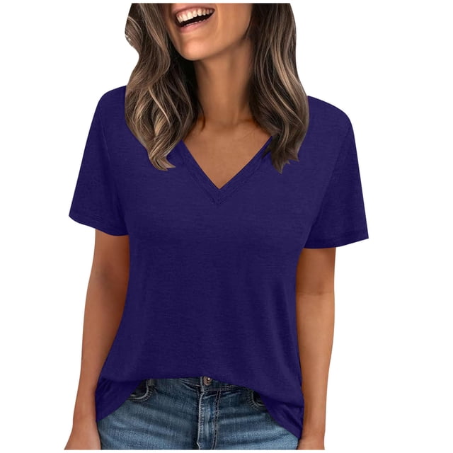 Admvng Hauts pour Femmes Décontractés Col en V Couleur Unie Blouses à Manches Courtes S-2TG