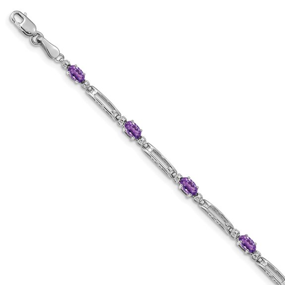 Real 14kt White Gold Diamond and Amethyst Chain Bracelet; 7 inch; Lobster Clasp; for Adults and Teens; for Women and Men