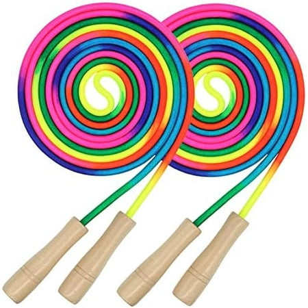 16 FT Long Jump Rope for Kids, 2 Pack Adjustable Double Dutch Skipping Rope with Wooden Handle, Multiplayer Rainbow Jumping Rope for Outdoor Fun, School Sport, Party Game