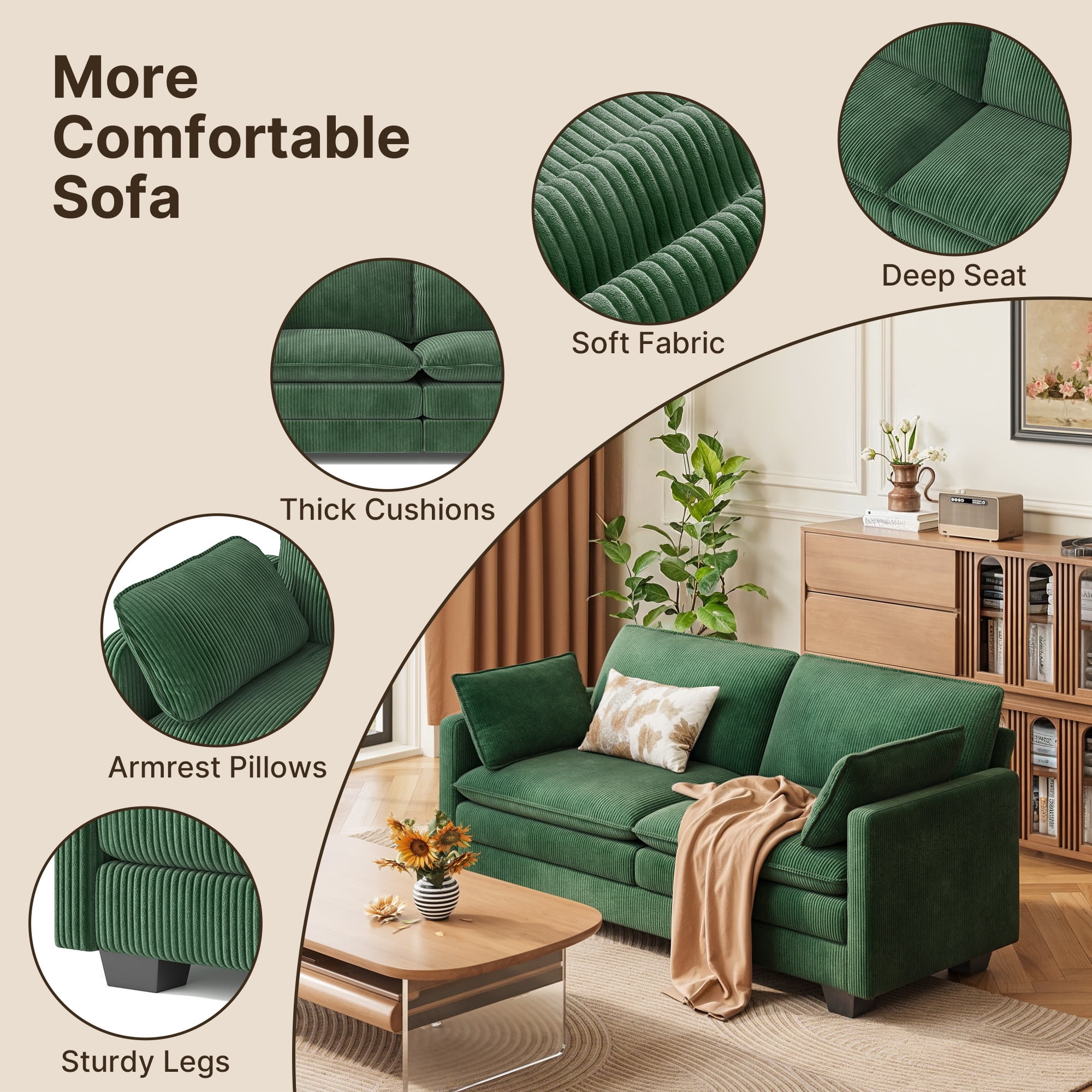 Loveseat Sofa Bed, 74'' 2-seat sofa with 2 Pillows and Double Layer Cushions for Living Room & Small Spaces, Green