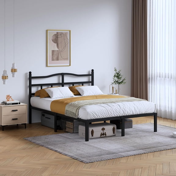 14-Inch Queen Bed Frame with Headboard, Heavy-Duty Metal Platform Bed with Steel Slats, No Box Spring Needed, Easy Assembly, Noise-Free, Black