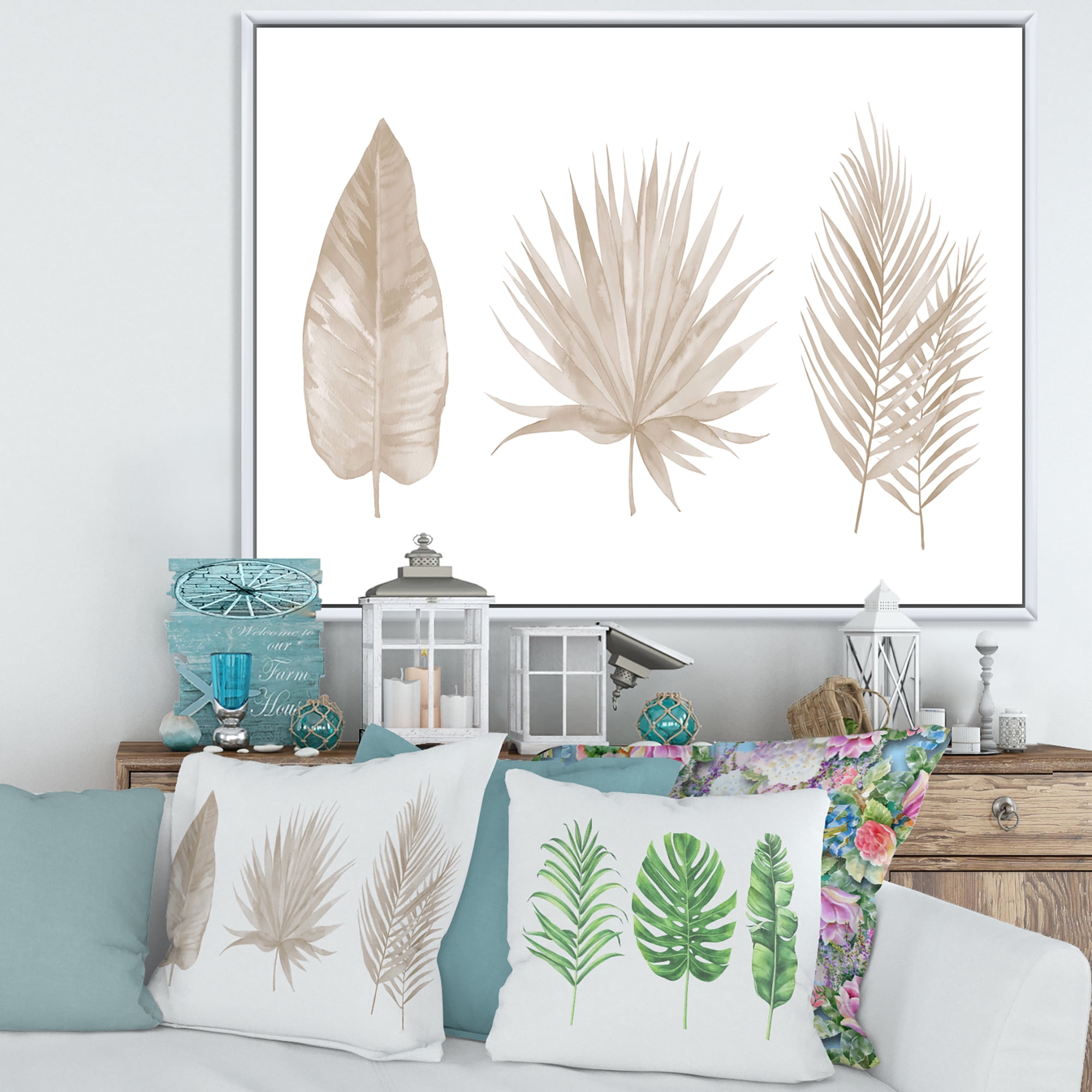 Designart 'Tropical Beiges Leaves On White' Traditional Framed Canvas Wall Art Print