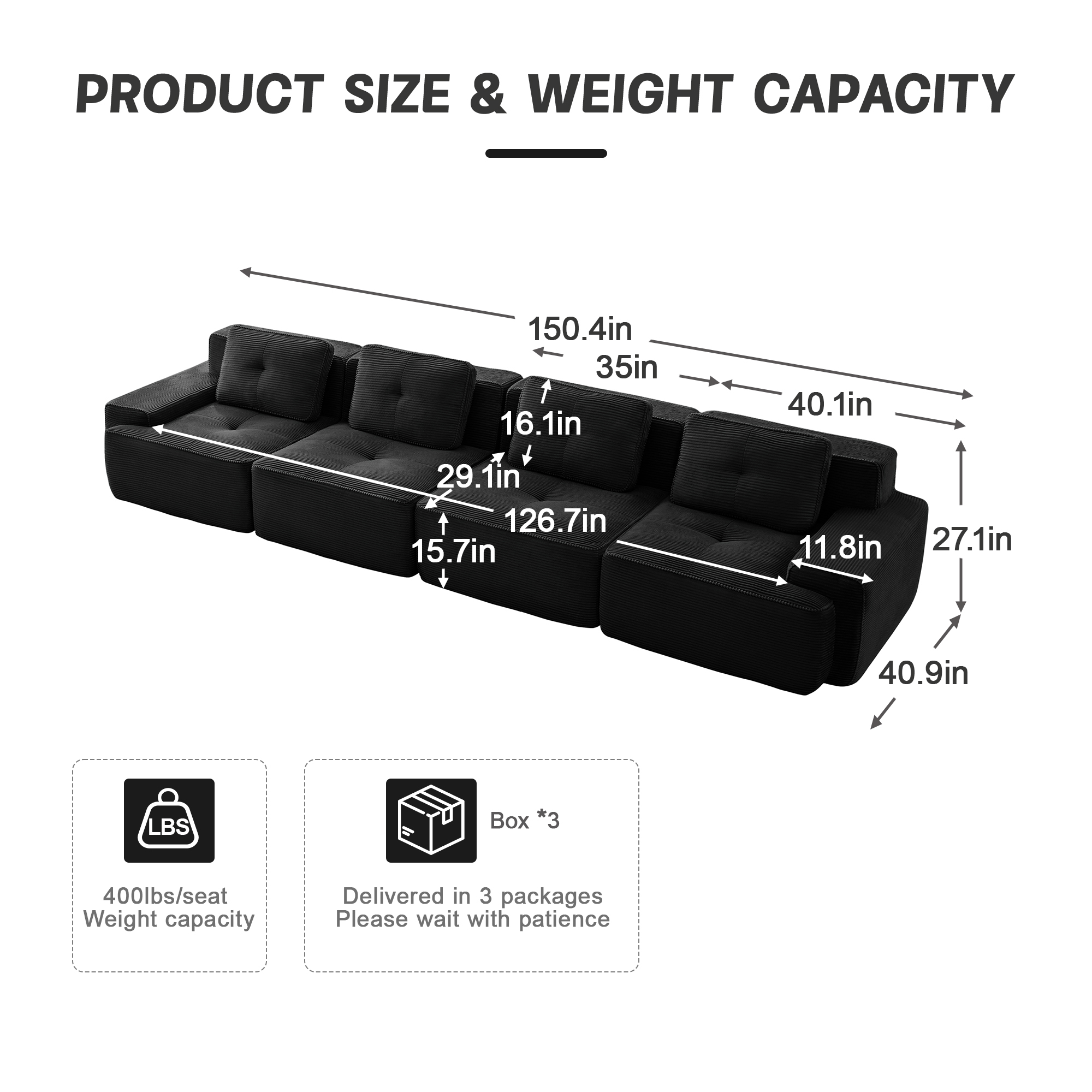 Anpport 153" Oversized 4-Seater Modular Sectional Couch, Black Corduroy with Cushions, Tufted Design, Buckle Connection, Anti-Slip, No Assembly for Living Room