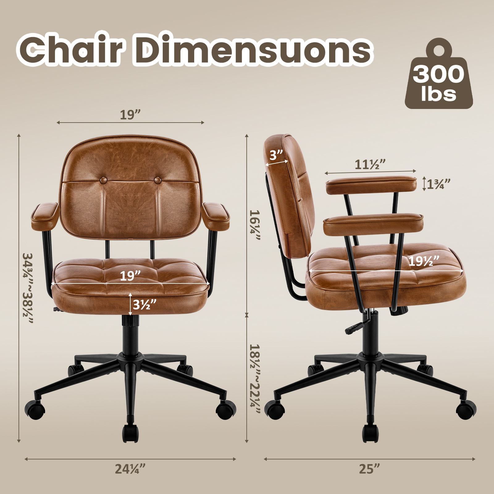 Falvinoryn Modern Home Office Desk Chair, Ergonomic Computer Task Chair with Padded Armrests, 360° Swivel Adjustable Height Rolling Chair, Rocking Function.Brown