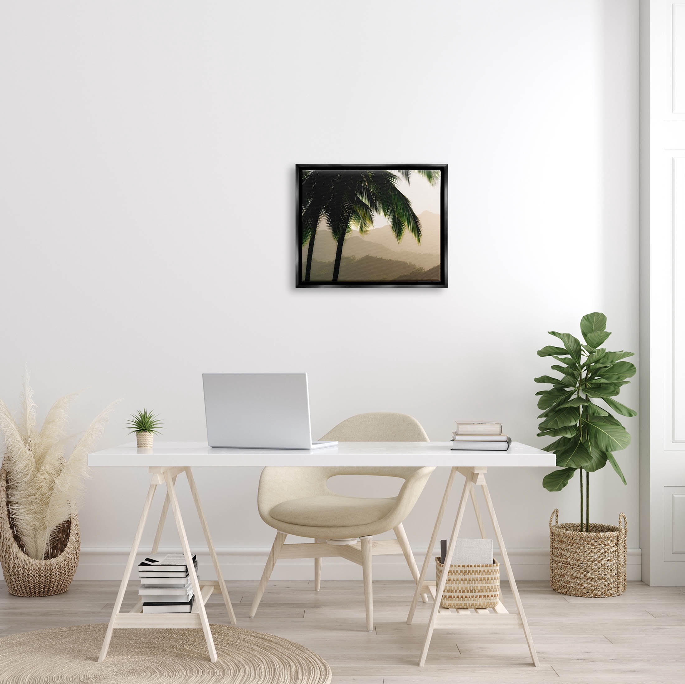 Stupell Industries Palm Trees At Sunrise Mountain Range Photograph Jet Black Floating Framed Canvas Print Wall Art, Design by Dennis Frates