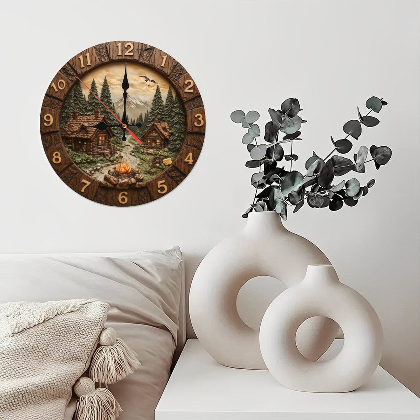 Rustic Cabin Mountain Scene Wall Clock Wood Log Cabin Home Decor 10-Inch Silent Wooden Wall Clock, Battery Operated (AA Batteries Not Included), Artistic Home Decor
