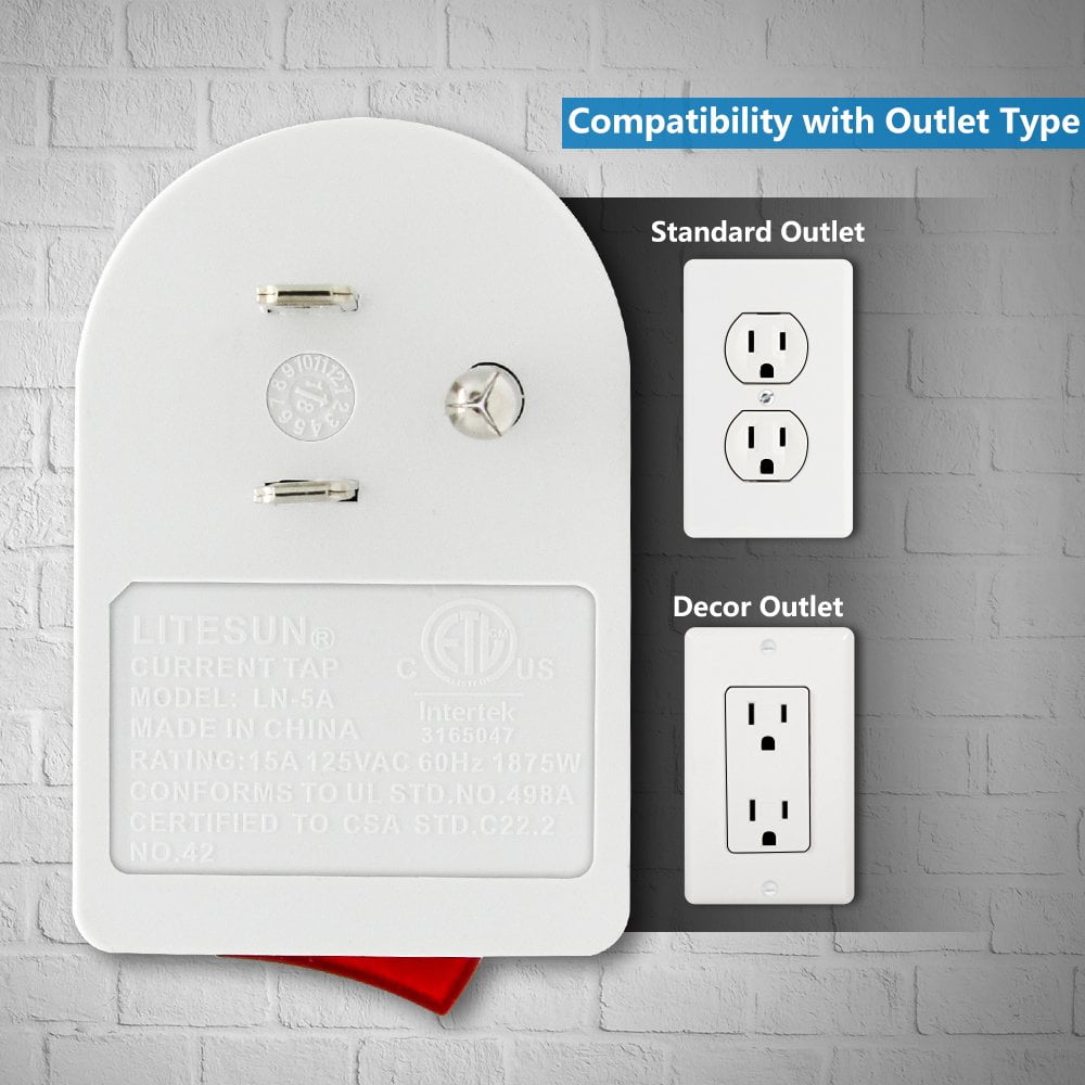 2 Pack UL Single Port Power Wall Tap Adapter with Red Indicator On//Off Switch