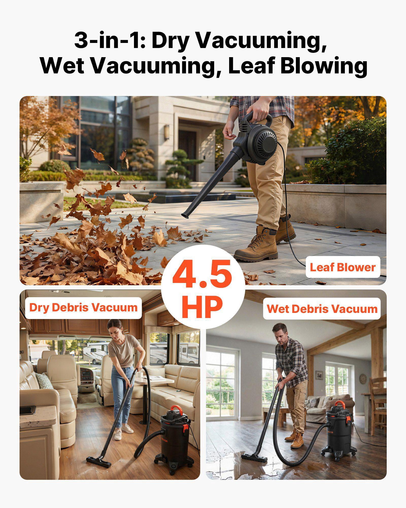 3 in 1 11 Gallon Wet Dry Shop Vacuum 4.5 Peak HP Portable Vacuum Cleaner with Blower Dual Filter 1350W Input Power 1.25in x 7ft Hose 9.8ft Cord for Jobsite Workshop Garage Home