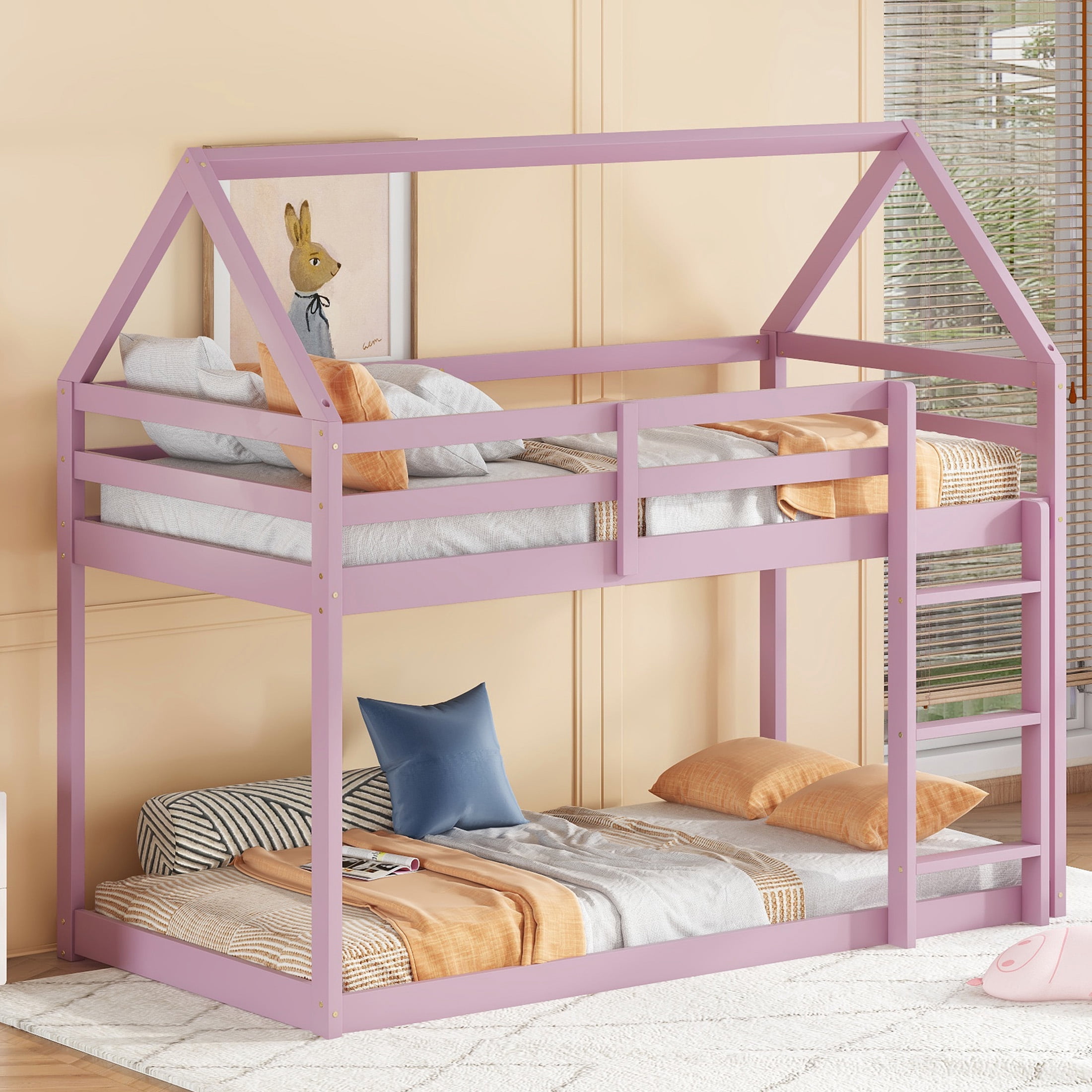 Aukfa Bunk Bed Twin Over Twin, Junior Wooden Floor House Bunk Bed Frame for Kids Boys Girls, Pink