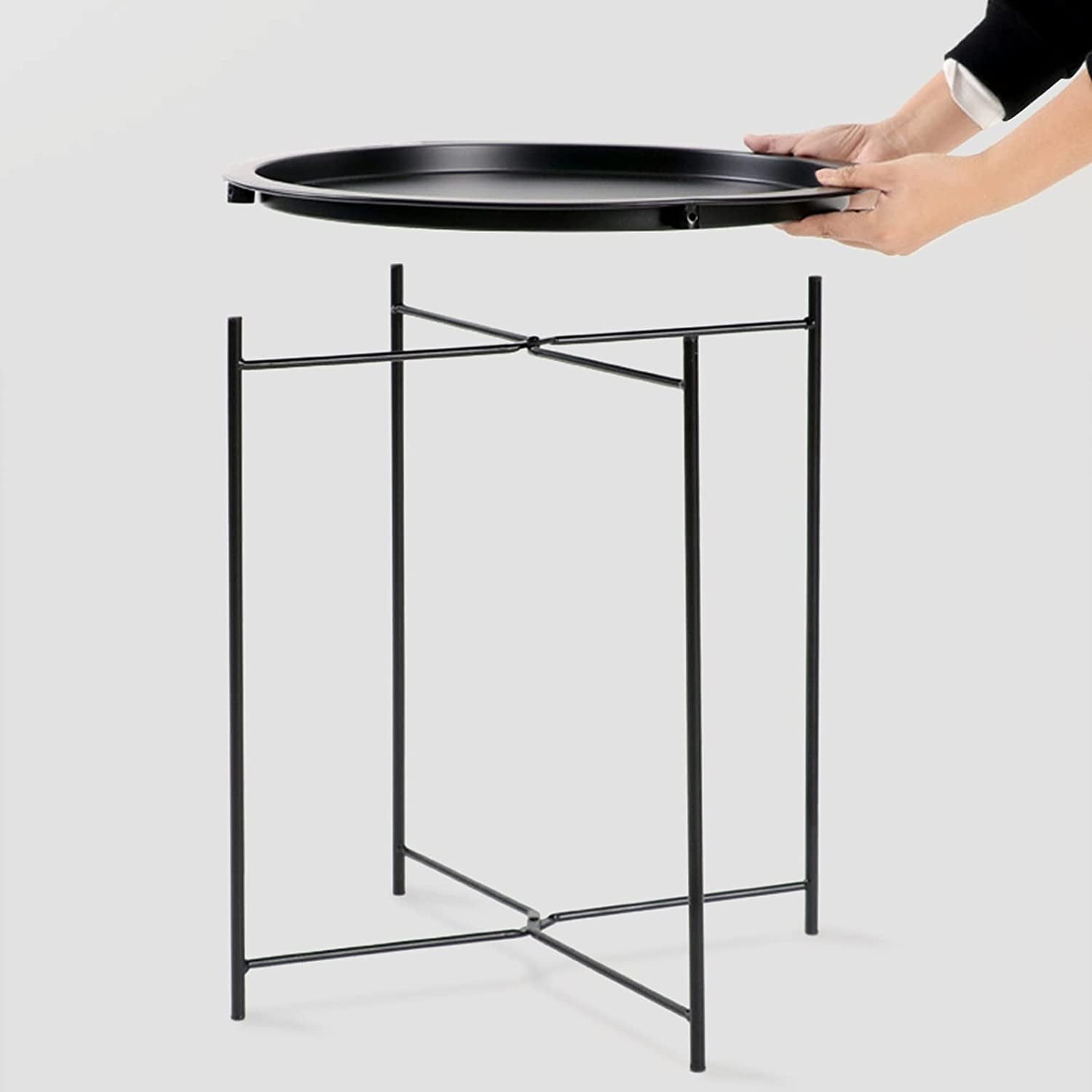 Folding Tray Metal Side Table Round End Table, Black Sofa Small Accent Fold-able Table, Round End Table Tray, Next to Sofa Table, Snack Table for Living Room and Bed Room Garden 4 you