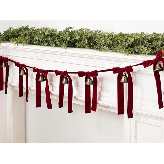 Vintage Christmas Bell Banner with Red Velvet Ribbons, Retro Brass Bells Classic, Xmas Decor for Fireplace Mantle Wall Door Home Office Farmhouse Garden Indoor Outdoor