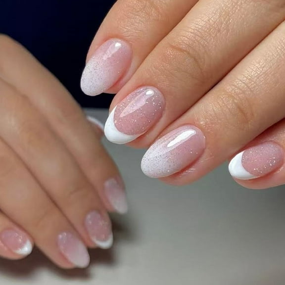 24Pcs Almond Press on Nail Glossy Design French Fake Nail Acrylic False Nail,Artificial Nail Glues on Nail for Womens