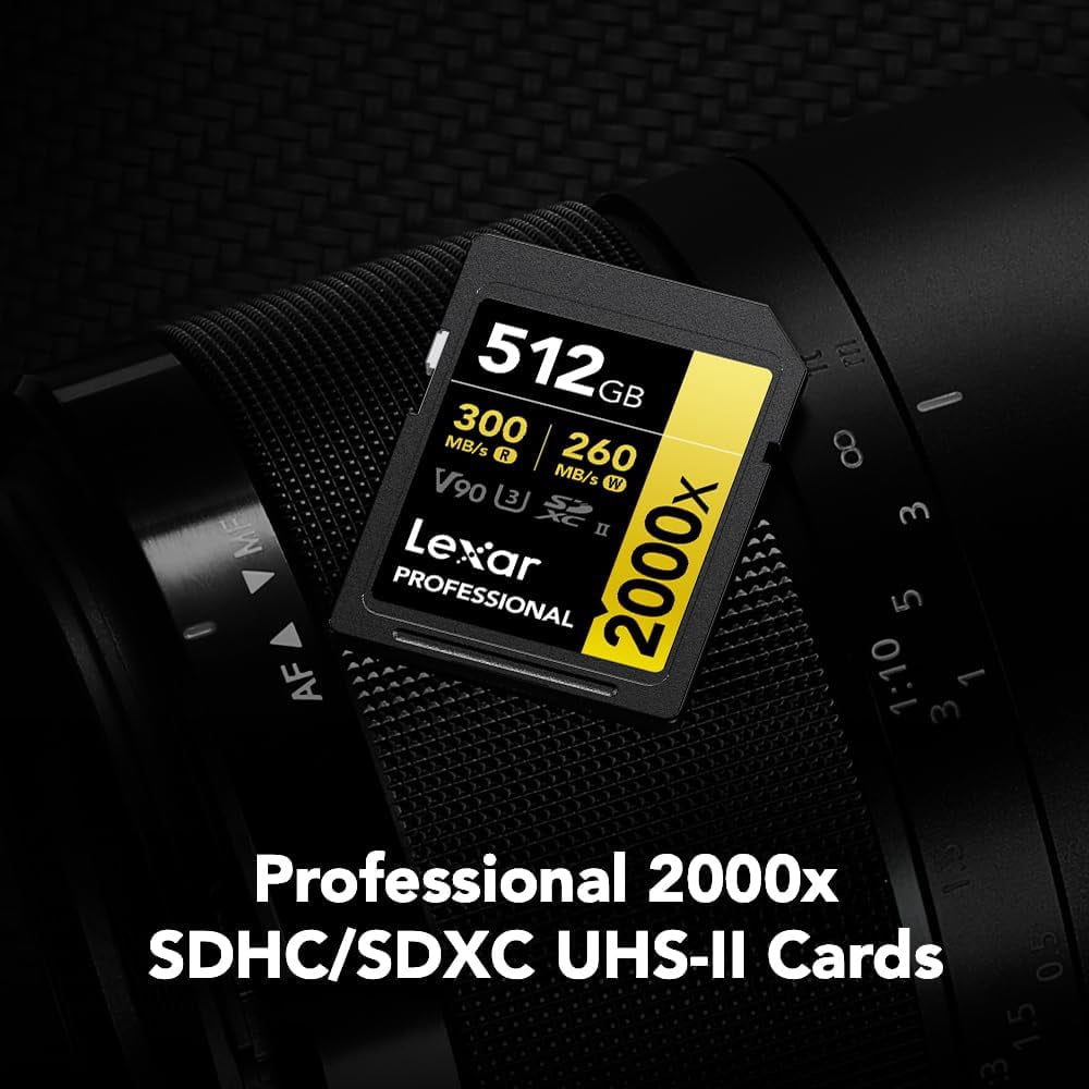 Lexar 512 Professional 2000x SDXC Memory Card, UHS-II, C10, U3, V90, Full-HD & 8K Video, Up to 300MB/s Read, for DSLR, Cinema-Quality Video Cameras (LSD2000512G-RNNNU)
