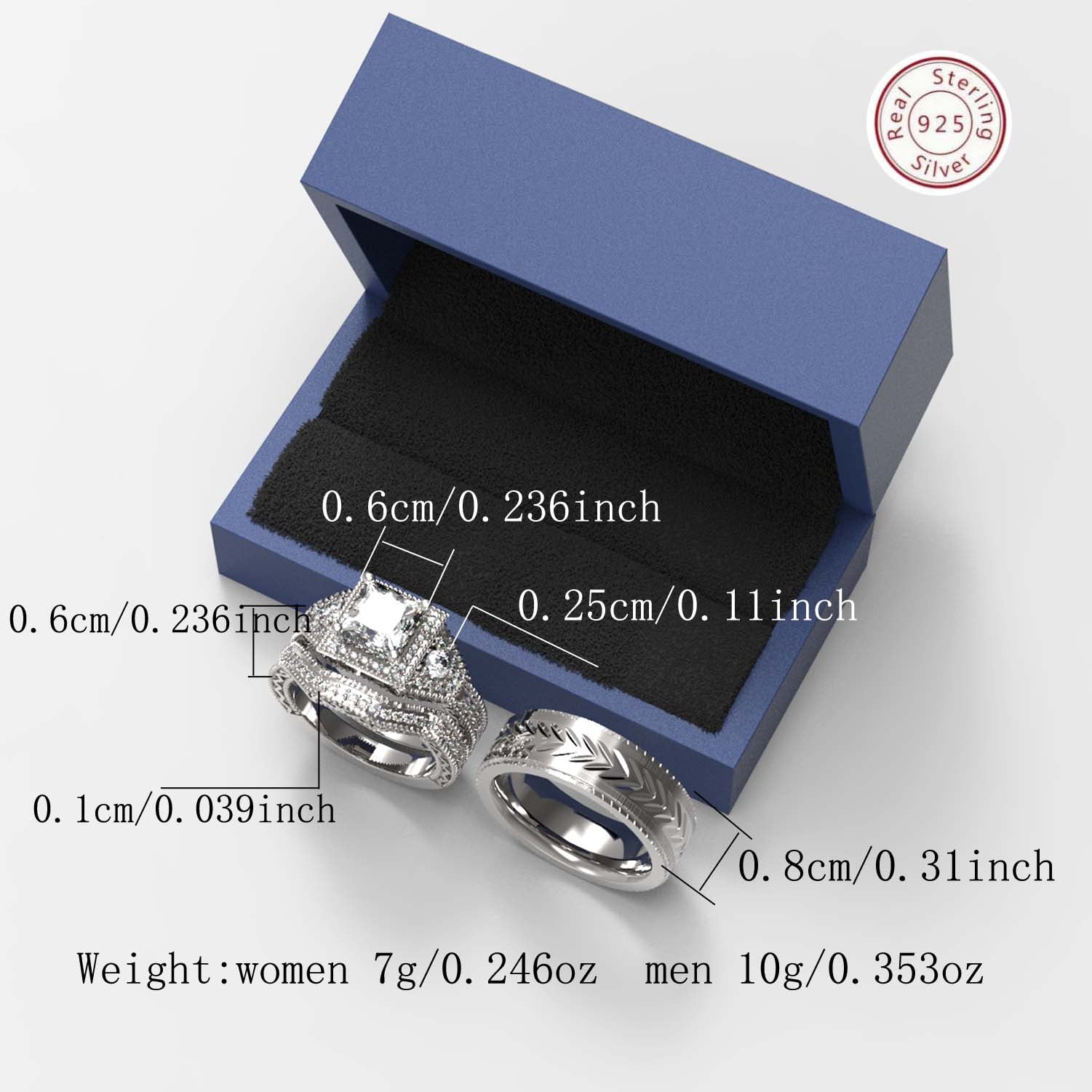 3pc Couples Wedding Ring Sets His And Hers Women Sterling Silve Round Moissanite and men Wedding Bands Together With The Ring Box