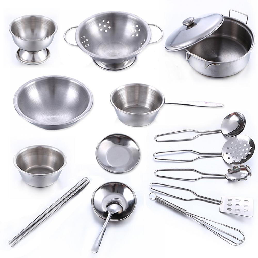 17pcs Mini Kids Kitchen Cookware Playset Stainless Pots Pretend Play Toys F 