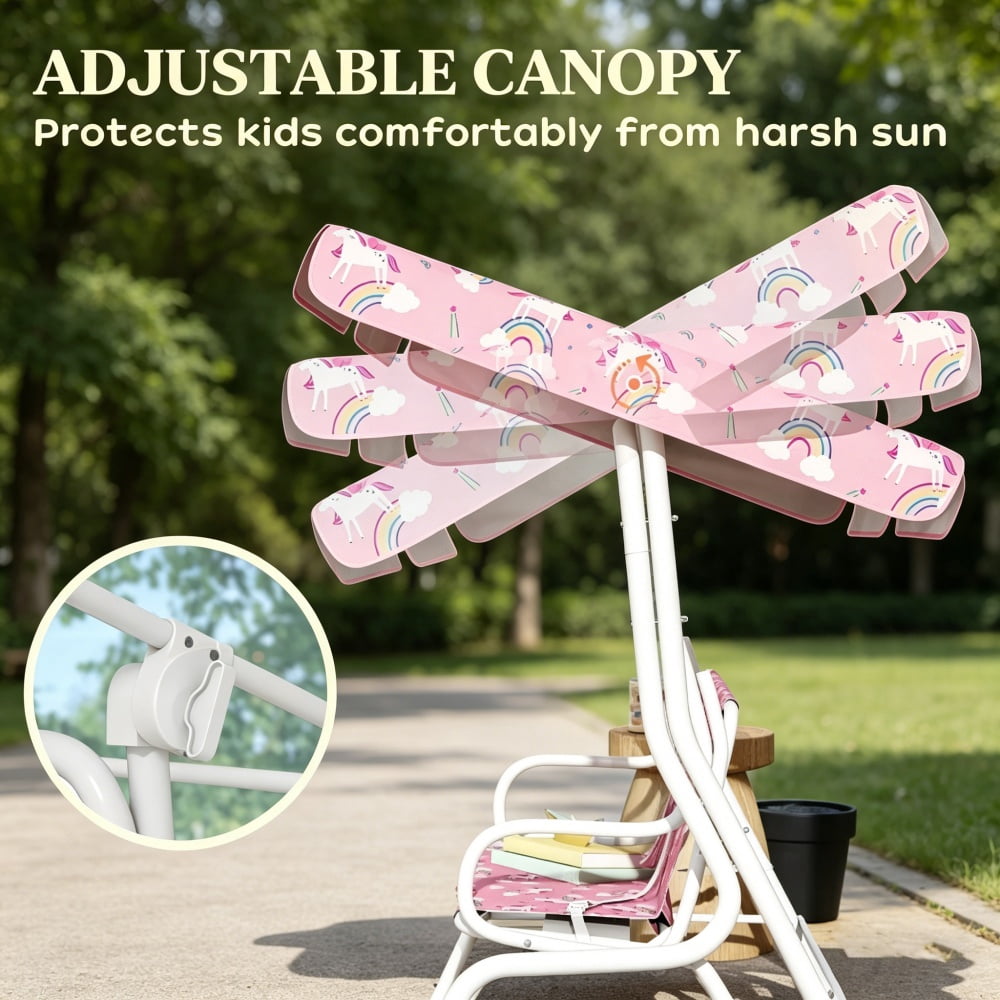 Pink & White Unicorn Rainbow Kids Swing Chair - Heavy-Duty Steel Frame, Adjustable Canopy, 132lbs Weight Capacity for Outdoor/Indoor Use