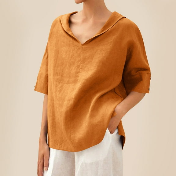 Fznquz Loose Fit Womens Tshirts Casual 3/4 Sleeve Orange Tops Plain Summer V Neck Womens Clothing XXXL