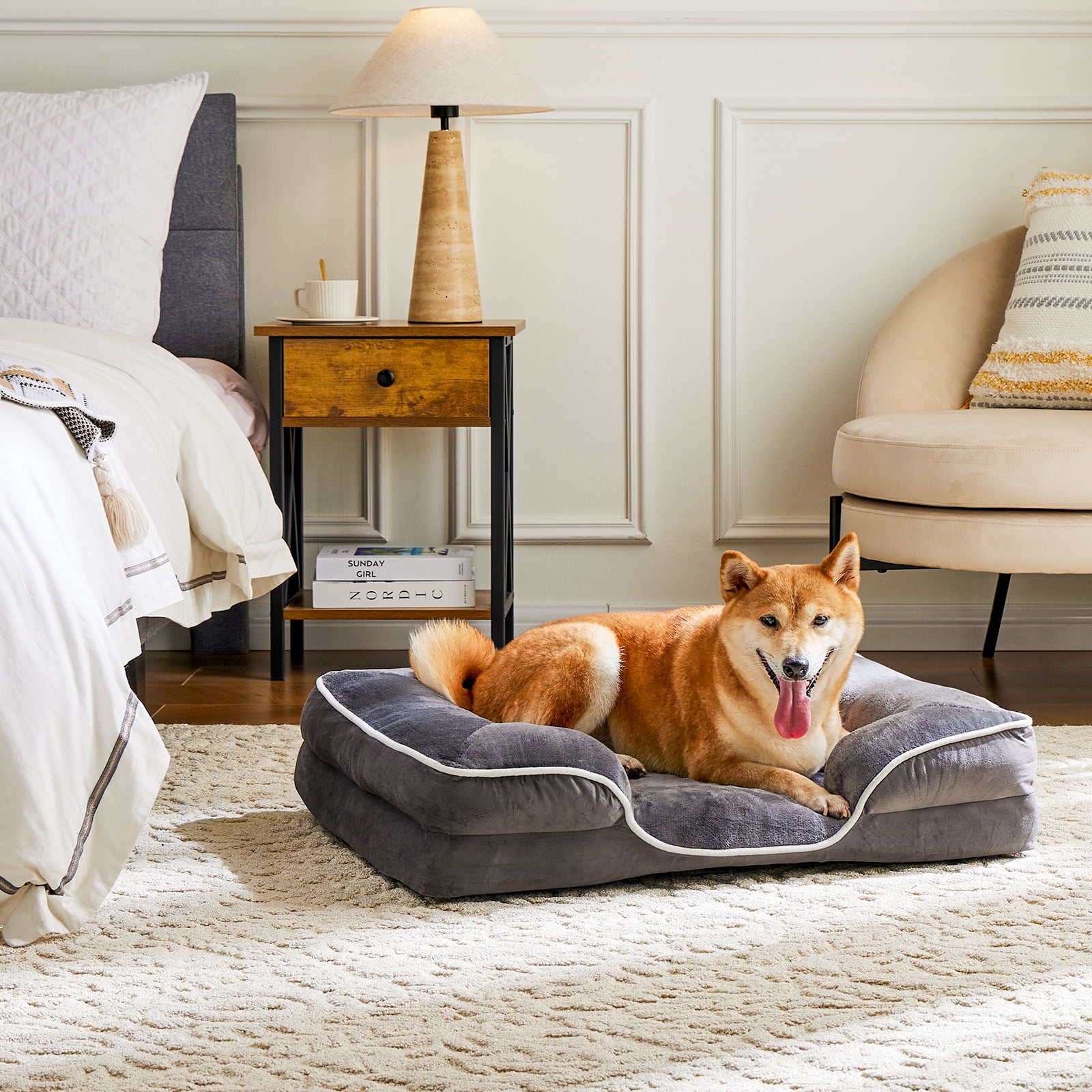 EverPick Memory Foam Pet Bed for Small Dogs & Cats with Washable Removable Cover Non-Slip Base Waterproof Liner - Gray（42*32*6.5")