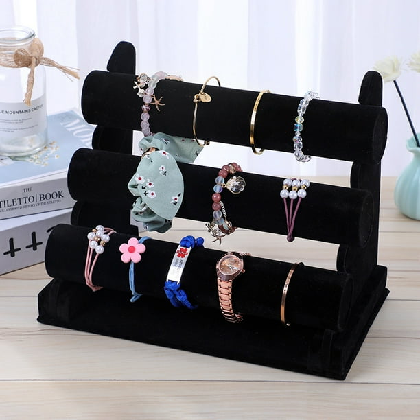 Pulsera y collar de terciopelo negro Exhibidor de joyas de 3 niveles Soporte organizador de árbol y bandeja para anillos con barra sólida Collar y pulsera