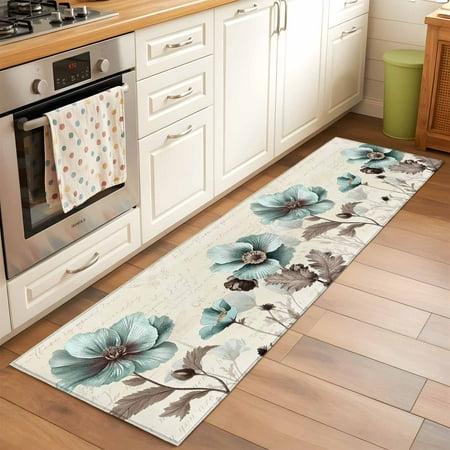 Blue Green Floral Runner Rug 2x6 FT, Non Slip Hallway Carpet, Spring Summer Mallow Flowers Retro Washable Floor Carpet Throw Runner Carpet Long Rug for Entryway Kitchen Bedside Sliding Door