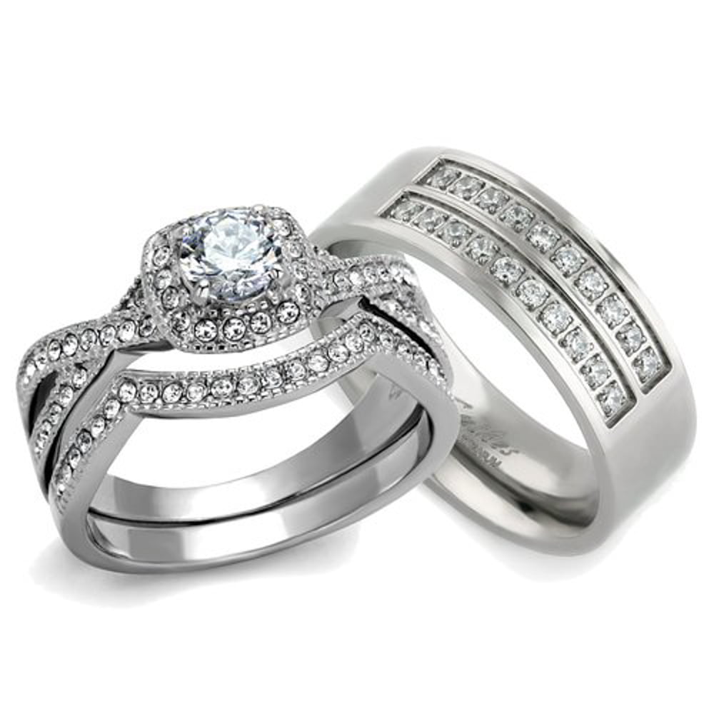 HIS & HER 3PC SILVER STAINLESS STEEL & TITANIUM WEDDING ENGAGEMENT RING ...