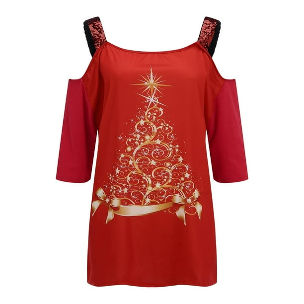 hoksml Christmas Clothes Women Plus Size Tops Christmas Tree Print Graphic  Shirt Cold Shoulder Long Sleeve Strap T-Shirt Casual Blouse L-4XL Clearance  