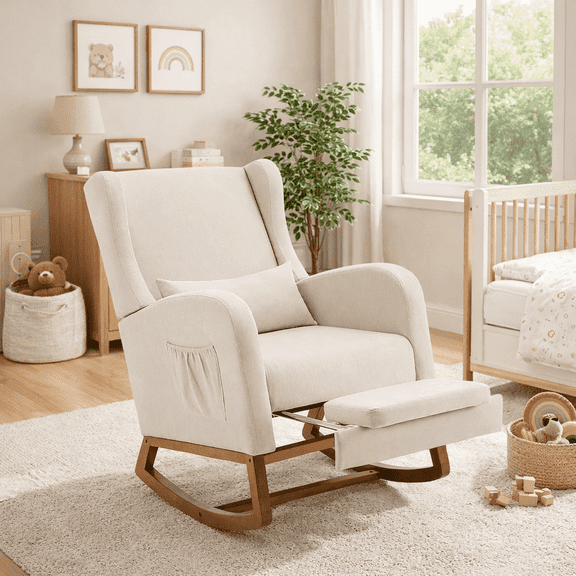 Someet Nursery Rocking Chair, Upholstered Glider Rocker Chair with Tufted Thick Backrest for Living Room, Nursery, Bedroom, Beige