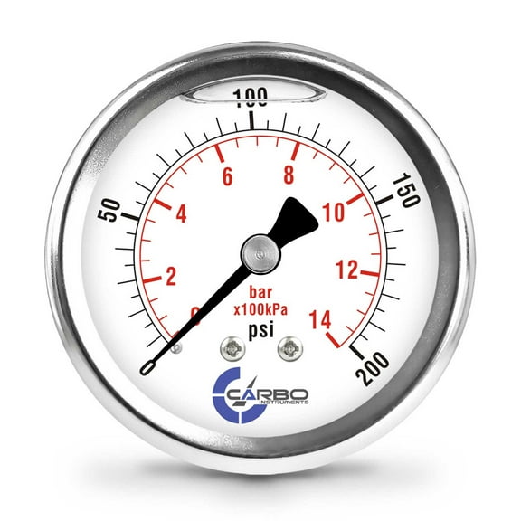 CARBO Instruments 2 1-2" Pressure Gauge, Stainless Steel Case, Chrome Plated Brass Connection, Lqiuid Filled, 0-200 psi/kPa, Back Mount 1/4" NPT