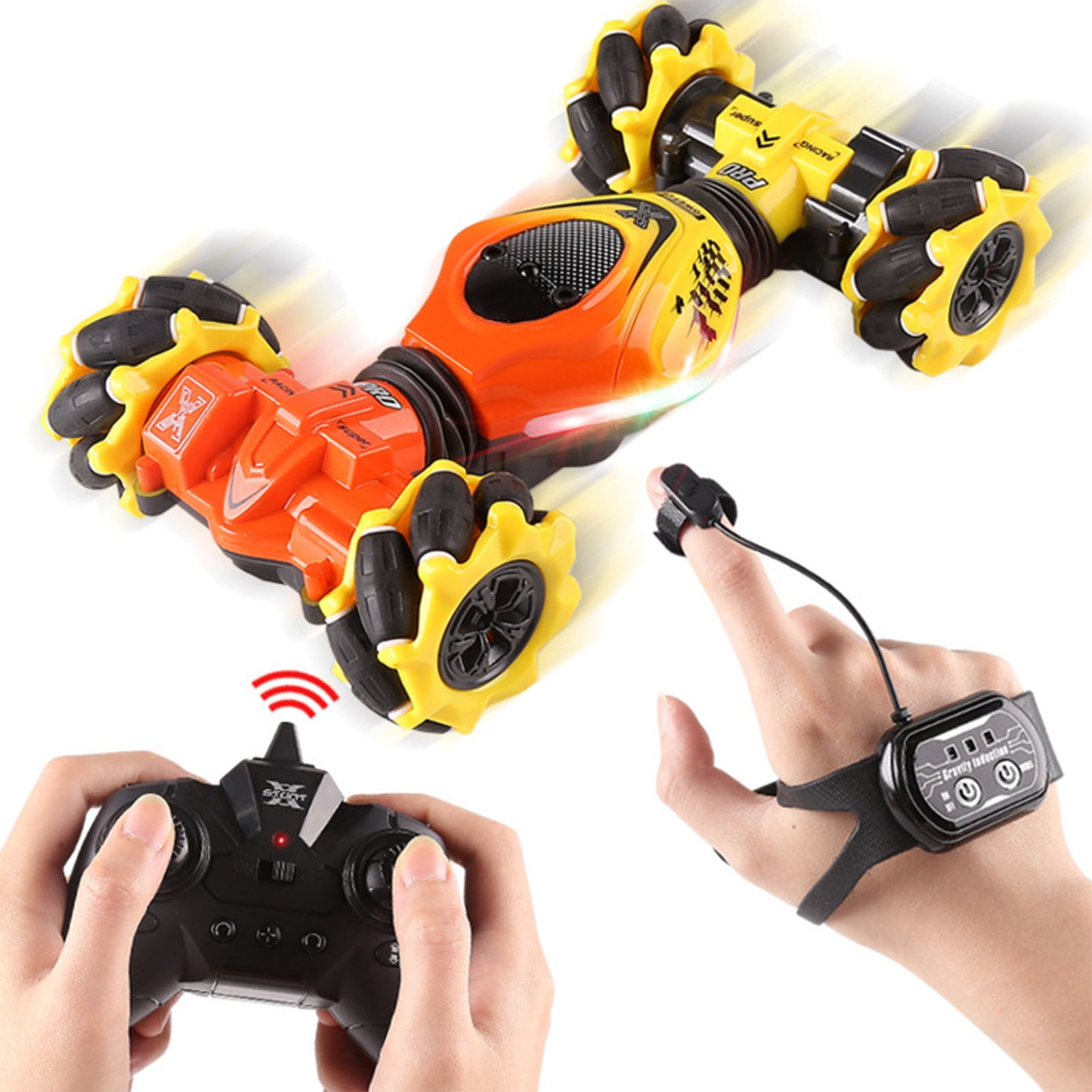 ​Mini Gesture Control RC Stunt Car - Double-Sided Driving, USB Rechargeable - Yellow Transformer Toy for Age 6+​​ Yellow