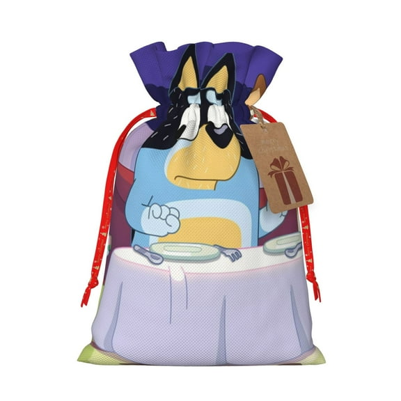 Masiiu Bluey Print Christmas Gift Bag, Burlap Drawstring Pouch with Kraft Paper Card for Holiday, Party, and Birthday Wrapping-Small