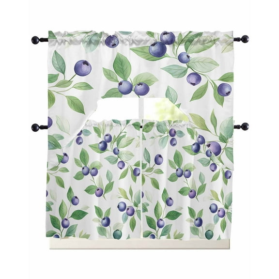 Blue Berry Kitchen Curtains Sets 24 Inch Length with Valance, Summer Fruit Botanical Country Green Leaf Swag Valances and Tiers Curtain Set Drapes Swag Curtains for Living Room, Bathroom, Bedroom