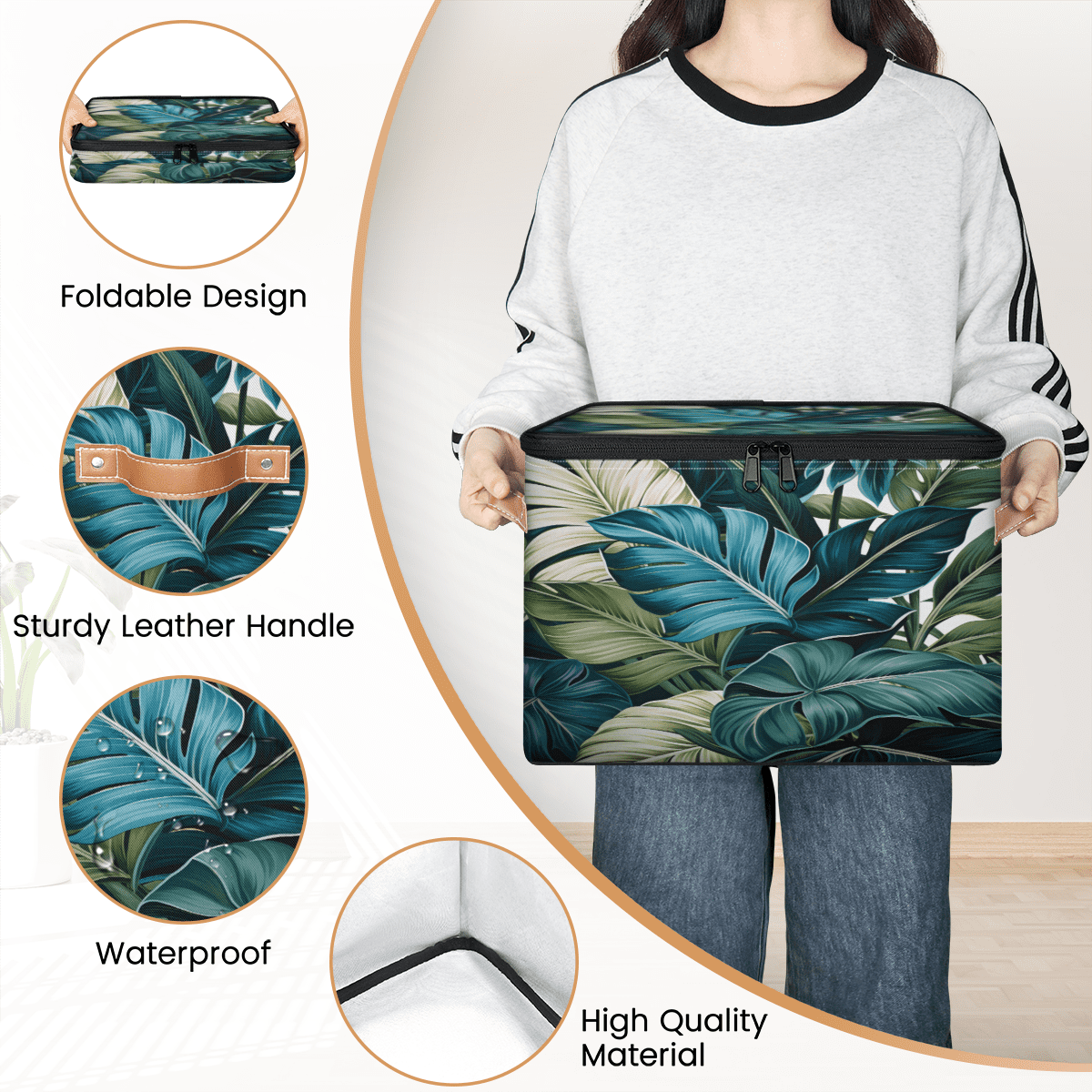 ADECORIVY Blue Green Leaves Storage Bin with Zipper Lid, Fabric Foldable Shelf Baskets Boxes, Closet Lidded Storage Bins, Decorative Clothes Organizer for Bedroom Home