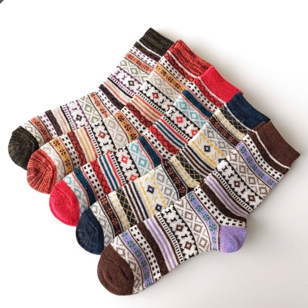 Xiao Hua Paquete de 5 calcetines de lana para mujer, vintage, suaves, cálidos, gruesos y de punto frío, multicolor con letras