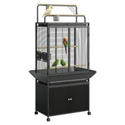 Spacious Rolling Bird Cage with Play Top & Storage Cabinet – Sturdy Metal Flight Cage for Parrot, Macaw, Cockatiel, Budgie – Includes Stand & Wheels