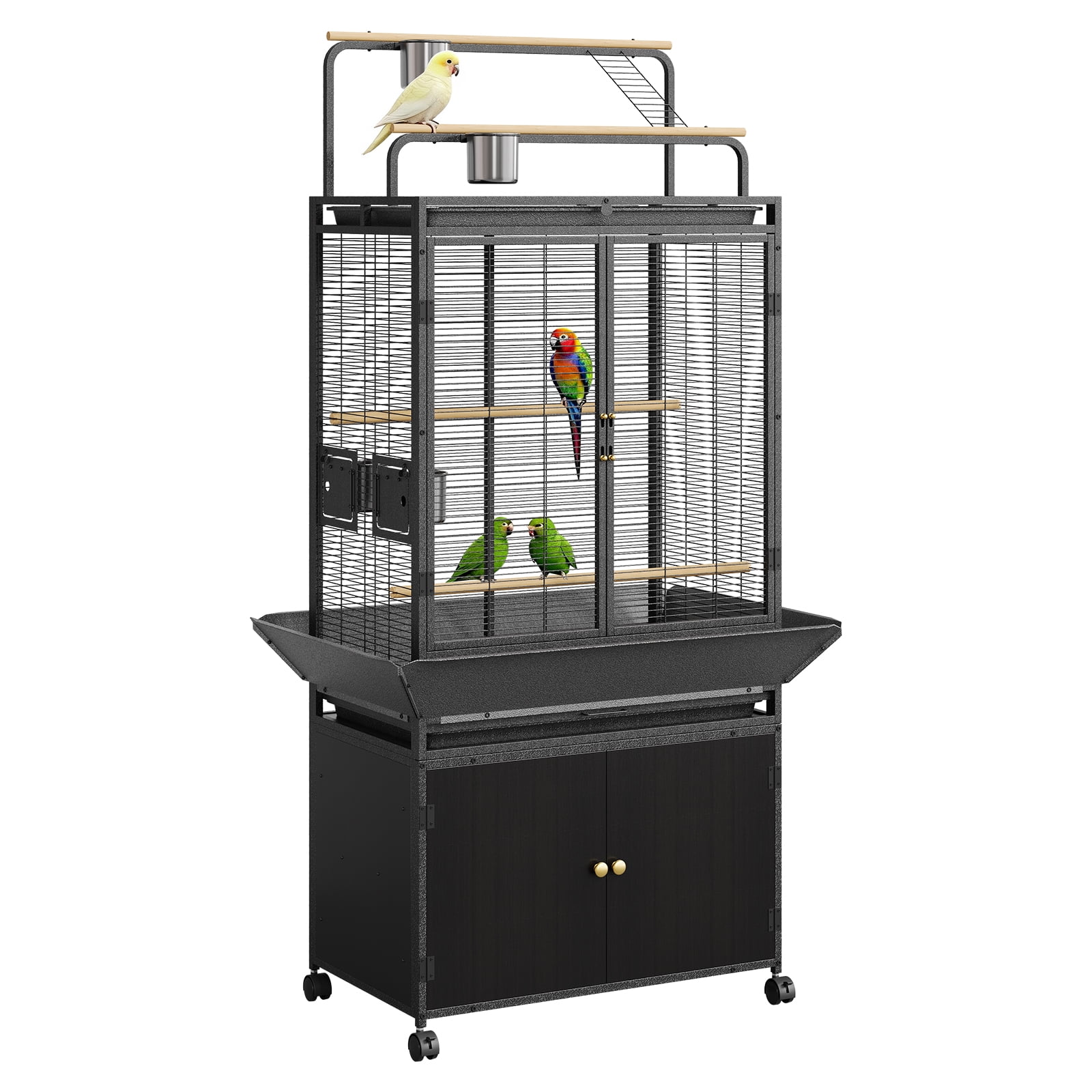 71 Inch Large Bird Cage, Corner Flight Birdcage, Wood Parakeet Cage, Flight Birdcage with Play Top & Storage Cabinet, Metal Rolling Bird Aviary