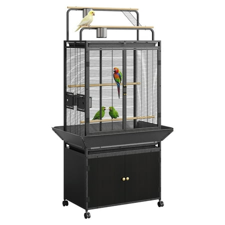 71 Inch Large Bird Cage, Corner Flight Birdcage, Wood Parakeet Cage, Flight Birdcage with Play Top & Storage Cabinet, Metal Rolling Bird Aviary