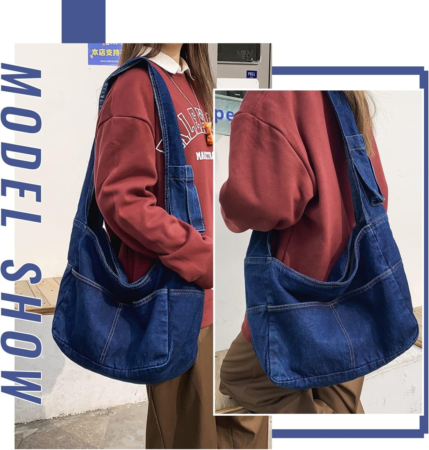 Denim Hobo Bags for Women Retro Jean Shoulder Bag Casual Jean Tote Handbags Vintage Satchel Bags