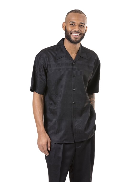 Men's 2 Piece Tone on Tone Stripe Short Sleeve Walking Suit in Black - 2055