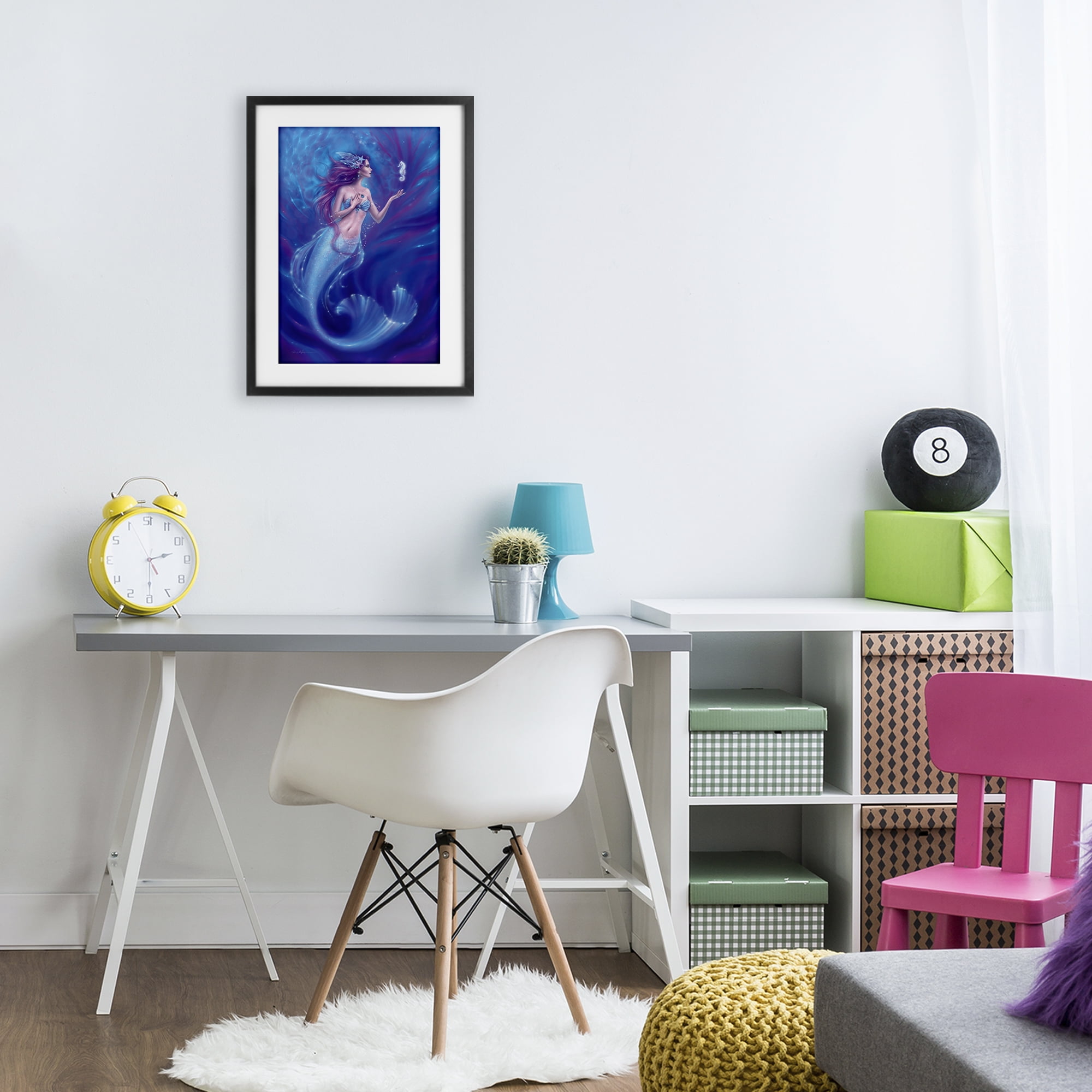 Jewel Bedecked Mermaid & Seahorse Black Framed Print Under Glass, design by Rachel Anderson