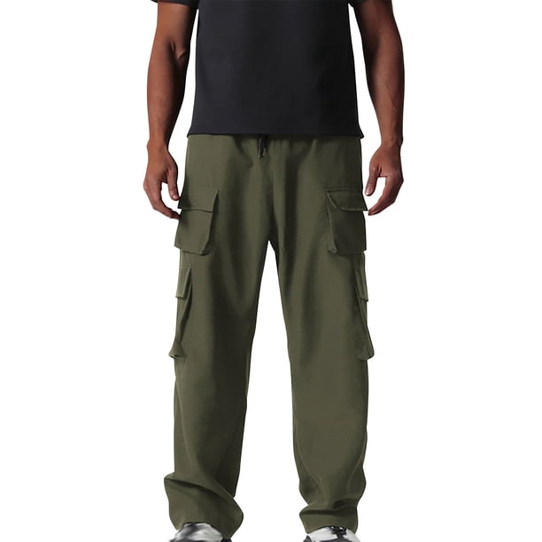 Pantalones de trabajo para hombre, de color liso, con cordón, cintura elástica y múltiples bolsillos