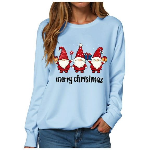 TTUHYWXI Christmas Sweatshirt for Women Gnomes Print Funny Plus Size Sweatshirts Crewneck Long Sleeve Xmas Holiday Tops (Sky Blue, L)
