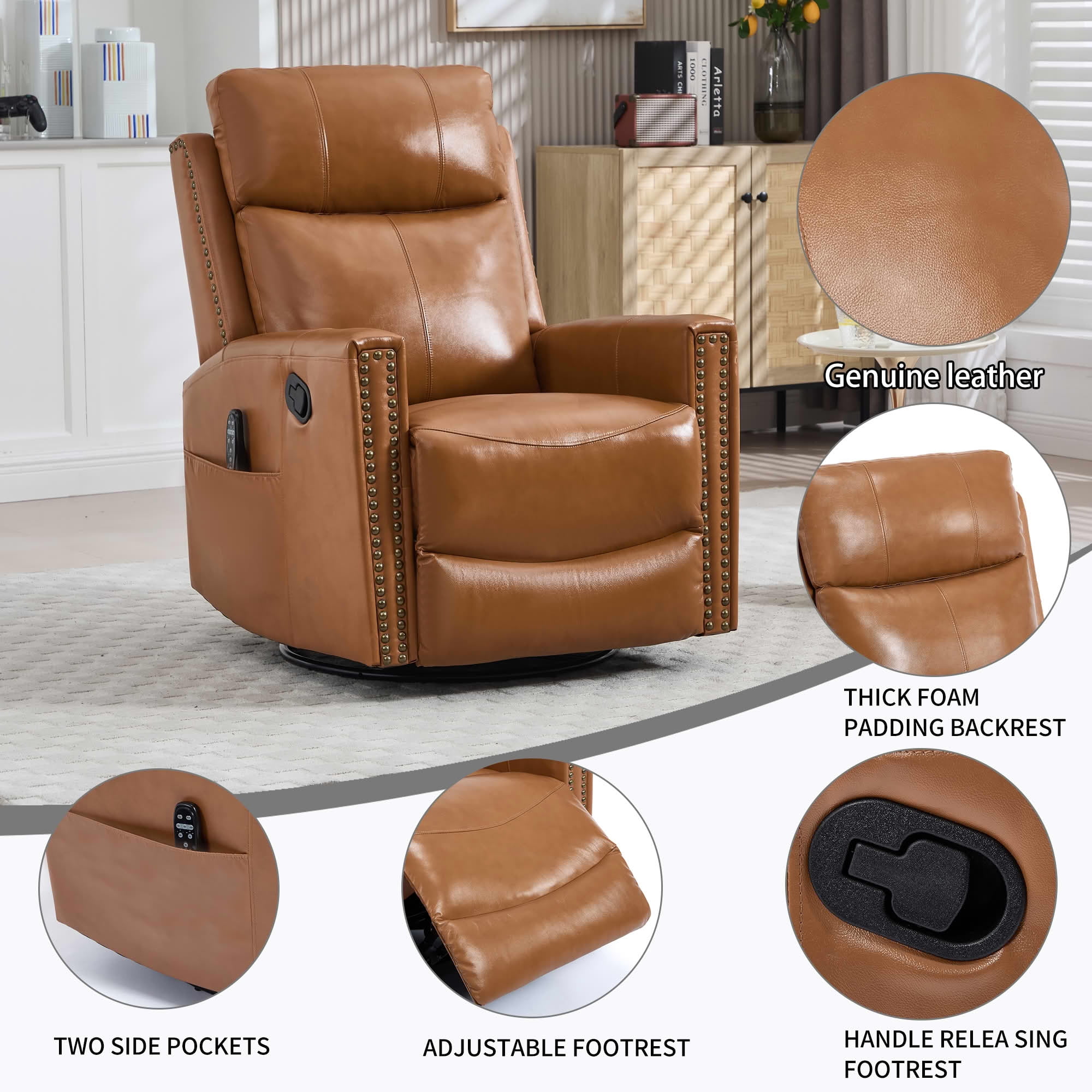 MAYEERTY Orange Genuine Leather Manual Recliner Chair 360° Swivel Rocker 155° Recline with 8-Point Massage Heat for Living Room