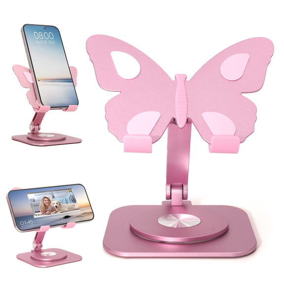 Cute Pink Butterfly Cell Phone Stand, 360° Rotatable Aluminum Foldable Holder for Smartphones, Adjustable Desktop Stand for Office Home Travel Gift