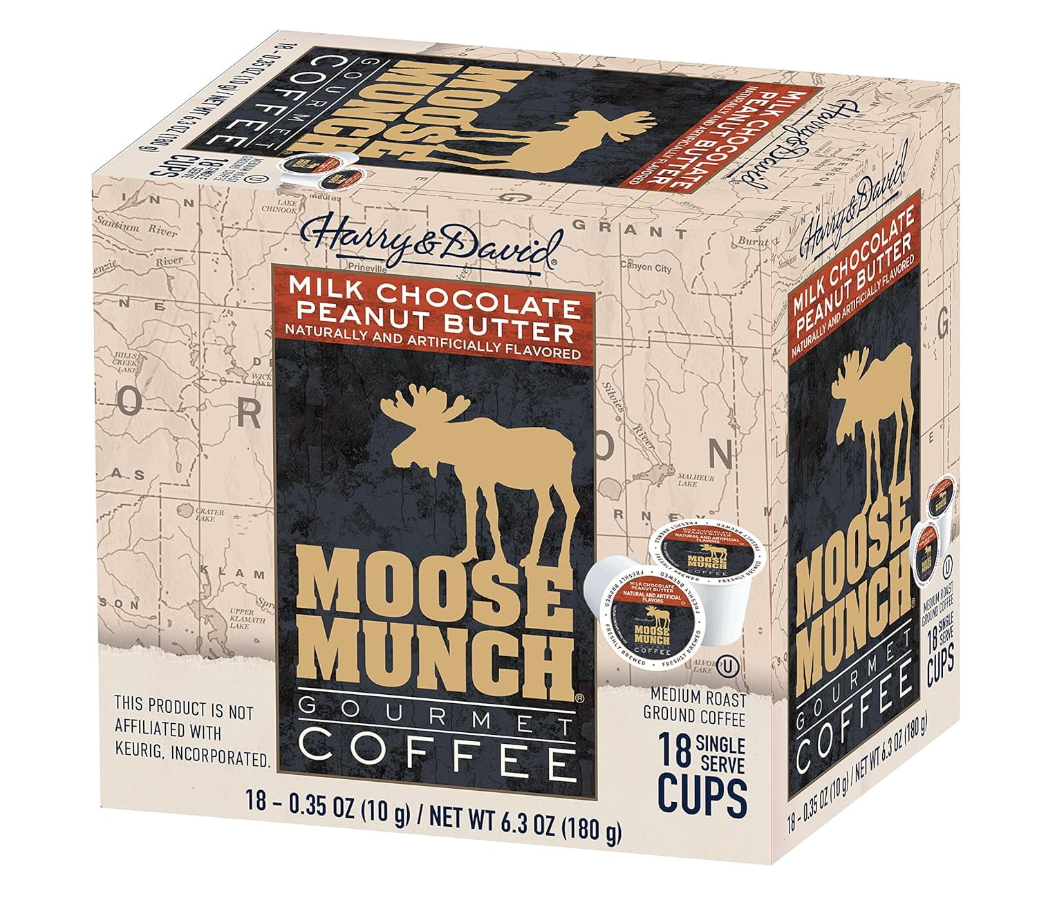 Moose Munch Single Serve Coffee by Harry & David, Milk Chocolate Peanut Butter, Medium Roast, 72 Count (4 Boxes of 18 Pods) – Compatible with Keurig Brewers