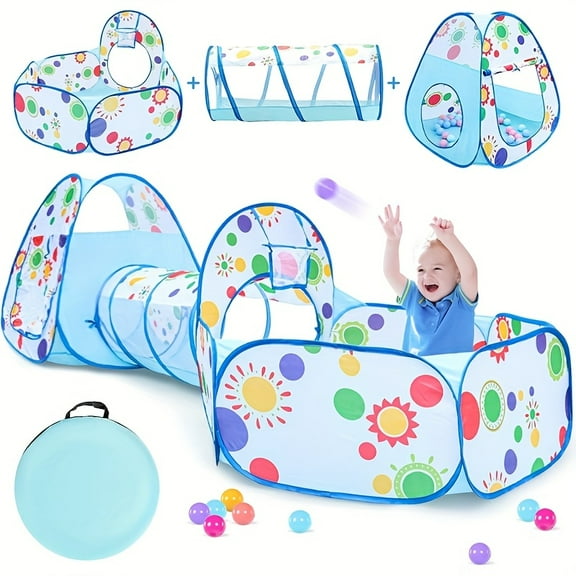 Kids 3-in-1 Play Tent with Tunnel, Ball Pit & Ocean Ball Pit - Durable Polyester Indoor/Outdoor Activity Center with Colorful Playmat and Fence - Blu