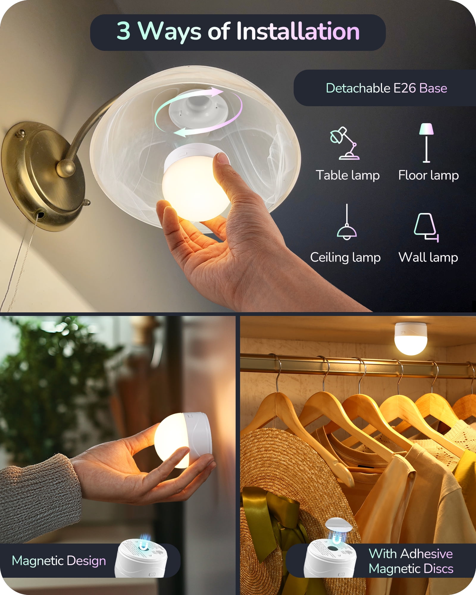 EDISHINE Rechargeable Light Bulb with Remote Control, 3000mAh Battery Operated Light Bulb, 2 Timer 12 Colors Selectable E26 350LM, Detachable LED Light Bulbs for Wall Sconces, Emergency Use